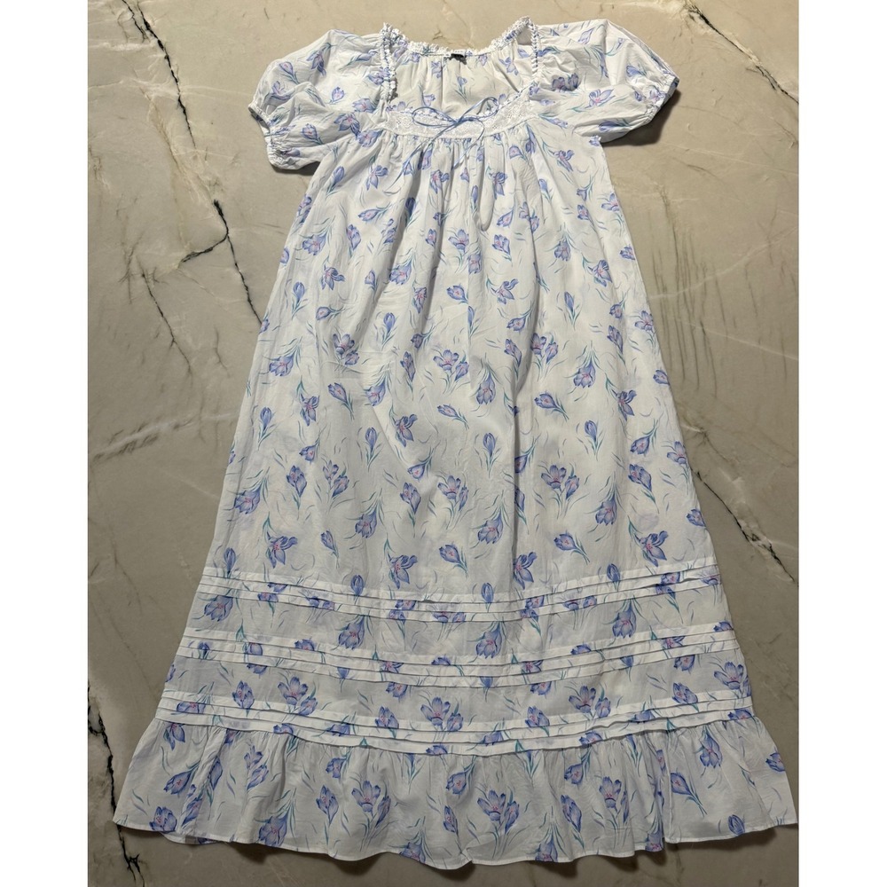Eileen West Jolee Blue Crocus Lawn Nightgown Cottagecore Puff Sleeve Maxi Size S